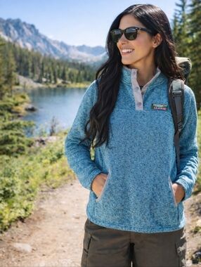 L.L. Bean Gorpcore Fleece Snap Pullover Blue Hiking Trail Cozy Size S Petite